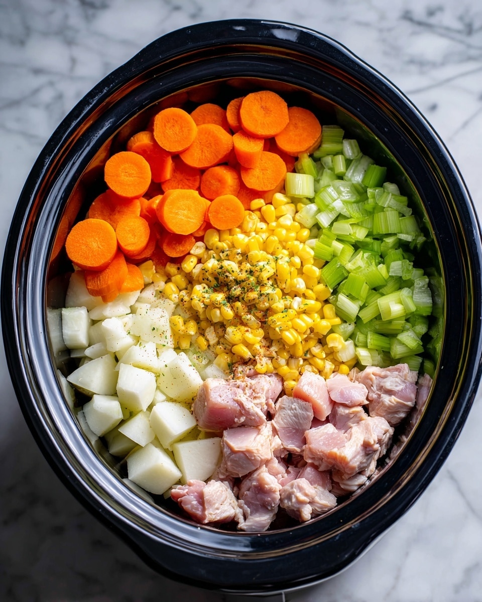 Inside a black slow cooker, there are six visible layers of ingredients arranged side by side. Starting from the top left, there are round, orange carrot slices with a smooth texture. Next to the carrots, there are light green celery pieces cut in small chunks. To the right of the celery, bright yellow sweet corn kernels are placed. Below the corn, finely chopped white onions create a small mound. Next to the onions, white garlic pieces are finely minced. At the bottom left, there are white potato cubes with some red skin on them. At the center, raw pieces of light pink chicken with seasoning sprinkled on top are placed. The inside of the cooker creates contrast with the colorful vegetables. The surface under the cooker has a clean white marbled texture. photo taken with an iphone --ar 4:5 --v 7