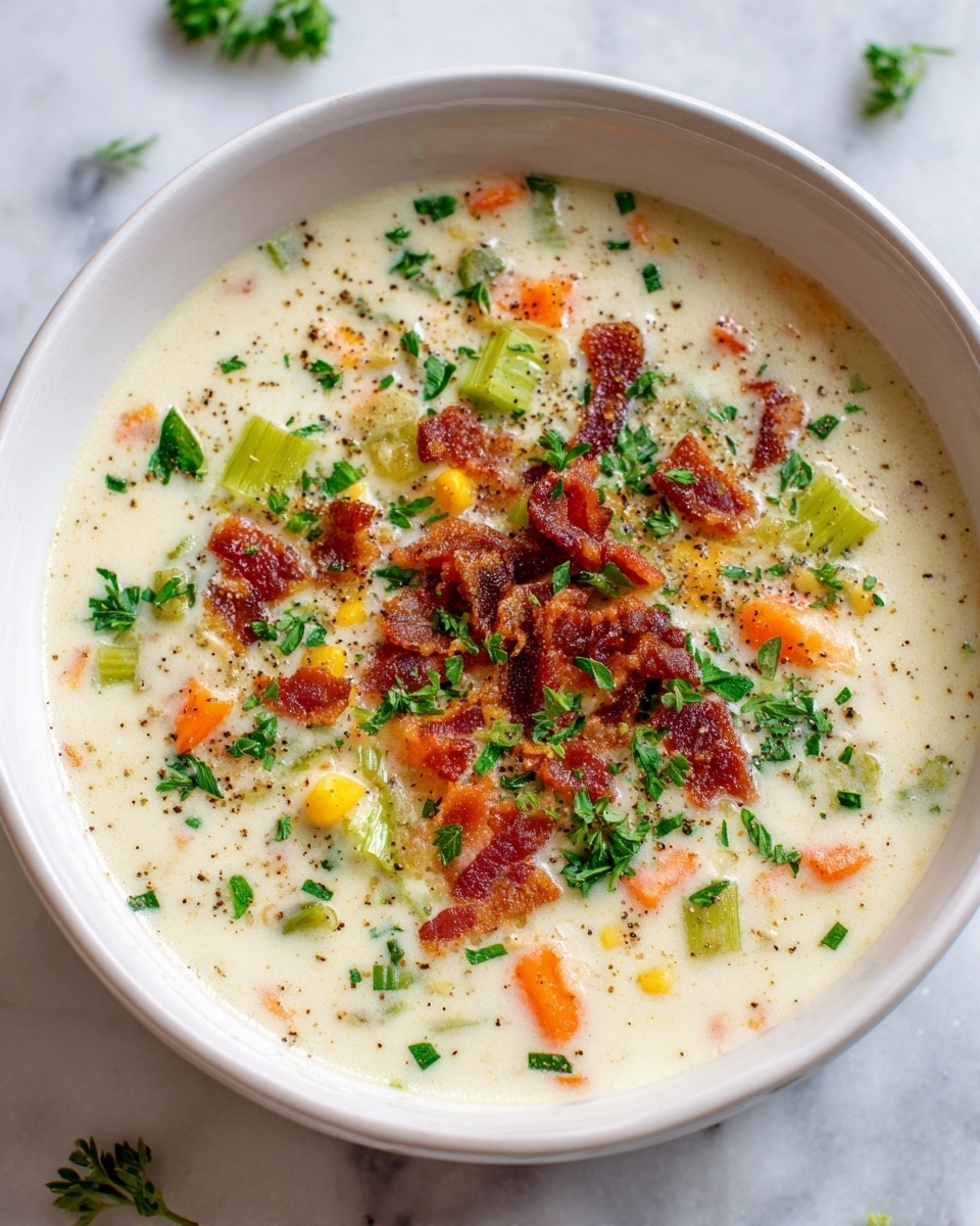A white bowl filled with creamy soup that has three main layers visible: the base is thick and white with a smooth texture, the middle layer contains small pieces of yellow corn, orange carrots, and light green celery, and the top layer has crispy brown bacon bits and fresh green herbs sprinkled evenly. The soup's surface shows some black pepper specks adding small dark spots. The bowl sits on a white marbled surface with a few small green herb sprigs around it. Photo taken with an iphone --ar 4:5 --v 7