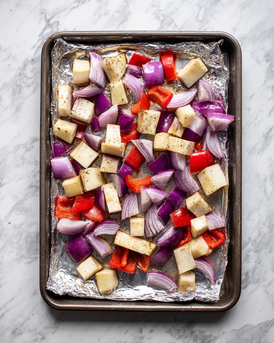 A baking tray covered with foil holds a mix of chopped vegetables scattered in one even layer. The vegetables include pale yellow and white cubes of eggplant, thin slices of purple-red onion arranged irregularly, and small pieces of bright red bell pepper dispersed throughout. The vegetables have a light coating of oil and seasoning, giving some pieces a slight shine. The tray rests on a surface with a white marbled texture. photo taken with an iphone --ar 4:5 --v 7