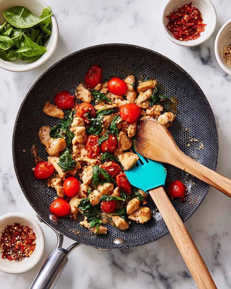 A round frying pan with a black honeycomb texture holds small, light brown pieces of cooked chicken mixed with bright red cherry tomatoes, some whole and some sliced. A wooden spatula with a blue silicone head rests inside the pan, slightly touching the food. Surrounding the pan are small white bowls, one with green leafy vegetables and another with red chili flakes, all set on a white marbled surface. The photo is taken with an iphone --ar 4:5 --v 7