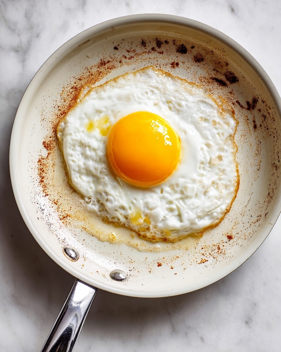 A single fried egg sits slightly off-center in a wide, white frying pan with visible brown cooked spots and shiny oil smears around it. The egg has one bright yellow yolk with a smooth, glossy surface and a white cooked egg white layer underneath, slightly bubbly and uneven in texture, spreading out beneath the yolk. The pan has a shiny silver handle extending out from the bottom center of the image. The entire scene is on a white marbled surface. photo taken with an iphone --ar 4:5 --v 7