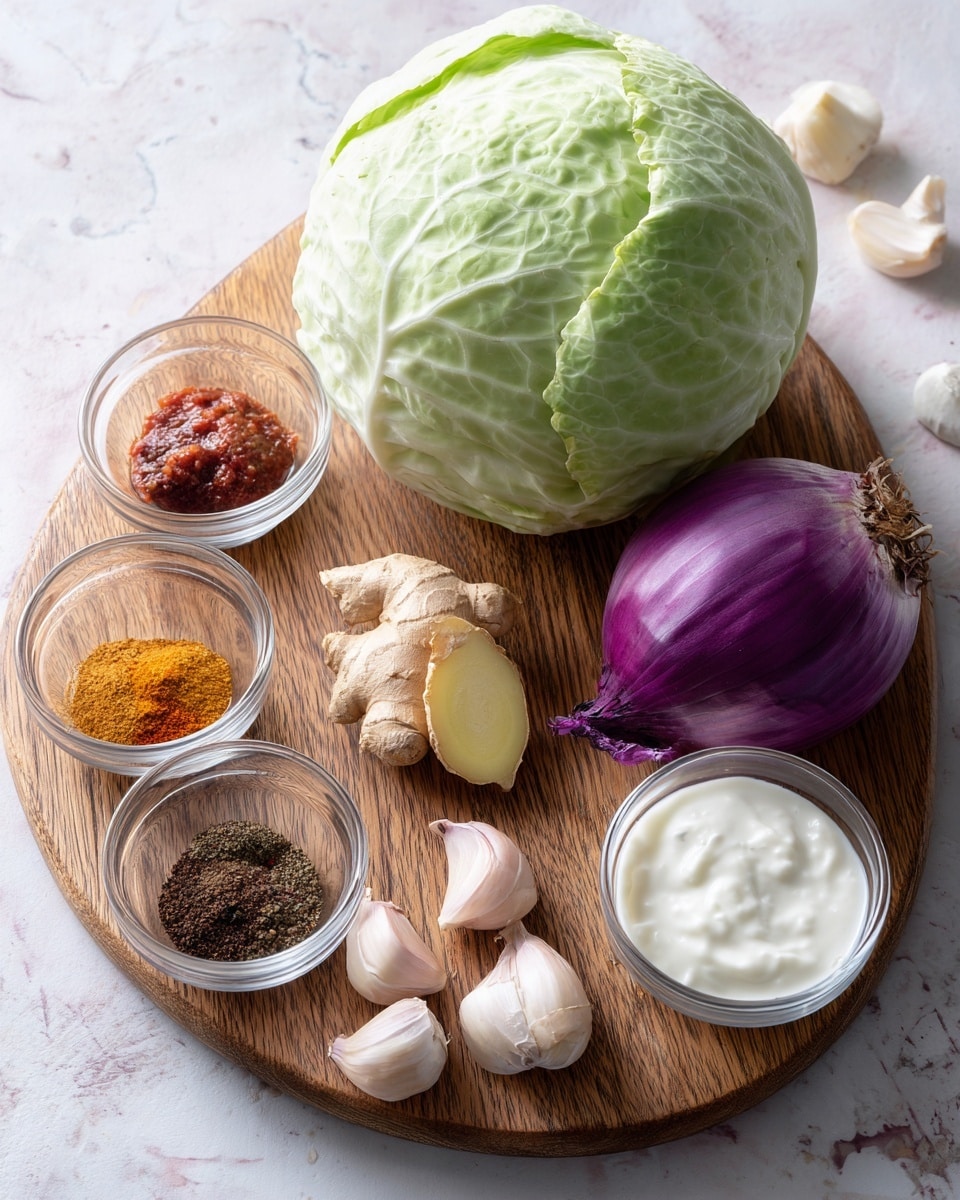 A round wooden cutting board lies on a white marbled surface with ingredients arranged on it: a large whole green cabbage with tightly packed, smooth leaves in the top center, a small piece of fresh ginger root with a pale yellow cut end just below it, and a whole purple onion with some peeling skin to the right. There are three small clear glass bowls placed around the cutting board, one at the top left holding a reddish paste, another at the bottom left filled with five different spices in colors from dark brown, light brown, red, and bright yellow, and one at the bottom right filled with white creamy yogurt. Near the bottom left are five peeled garlic cloves with a pale purple tint. The scene is well-lit with natural light, showing clear textures and colors of each ingredient photo taken with an iphone --ar 4:5 --v 7