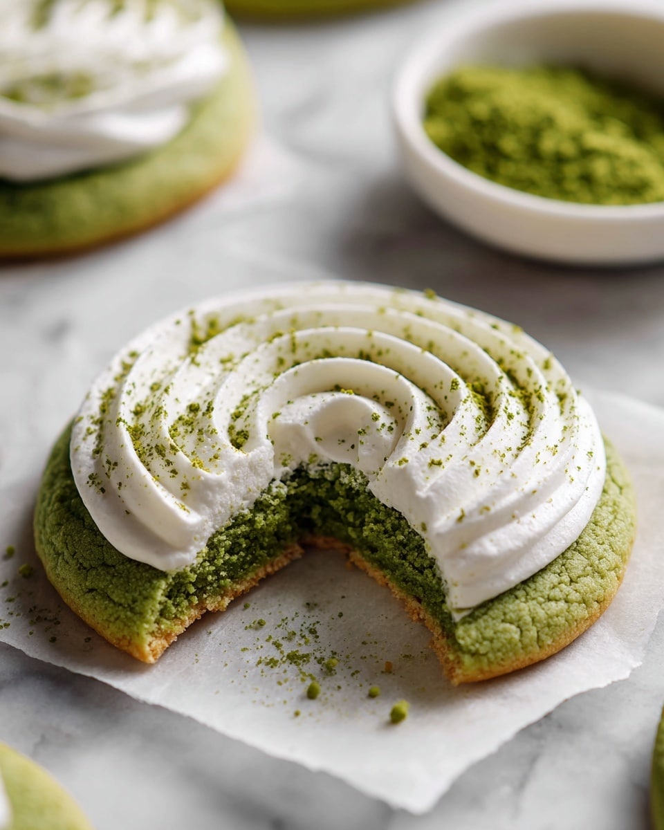 The image shows a close-up of two green cookies each topped with one thick layer of white cream in a spiral shape, dusted with fine green powder. The cookie at the front has a small bite taken out, showing a soft and moist green texture inside. The cookies are placed on parchment paper on a white marbled surface, with part of a white plate filled with green powder visible in the background. The scene is bright and detailed, focusing on the texture of both the cookie and the cream. Photo taken with an iphone --ar 4:5 --v 7