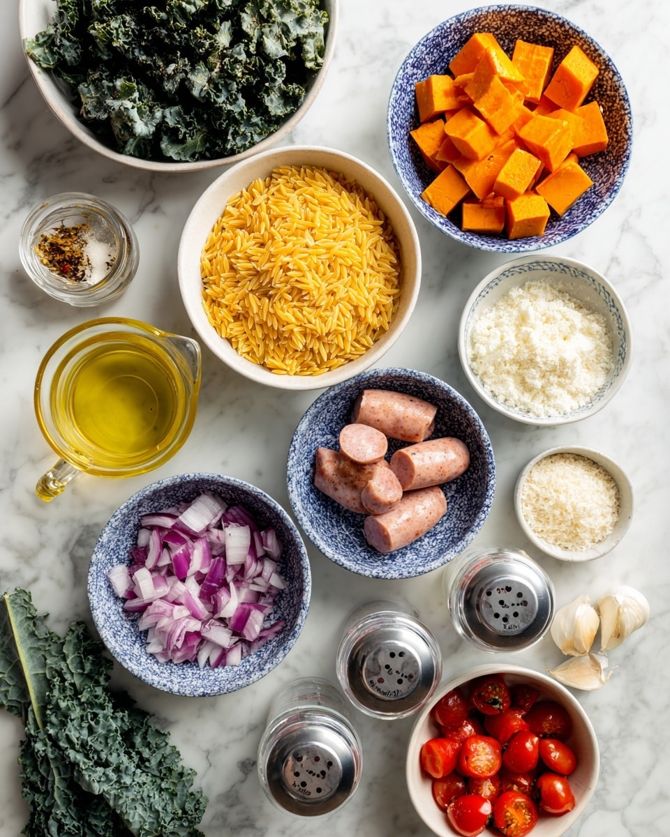 The image shows a white marbled surface with several small bowls and containers arranged neatly. In the center is a white bowl filled with dry orzo pasta, yellow and textured like small grains. Above it to the right, a blue and white patterned bowl holds bright orange cubed sweet potatoes with a smooth texture. To the left, three pale pink sausages sit in a white dish. Below the orzo bowl is another blue and white patterned bowl filled with chopped red onions, their colors a mix of white and deep purple, with a chunky texture. A glass measuring cup with light yellow broth is on the left, beside a small white bowl with olive oil. To the top right, a white bowl holds dark green kale leaves with a curly and rough texture. To the right of the kale, a white bowl has shiny red grape tomatoes. Near the tomatoes, a small white bowl contains minced garlic, pale yellow and finely chopped. A round glass container holds soft white crumbled cheese with a crumbly texture. There are three transparent spice jars with silver lids labeled red pepper, sage, and thyme, placed neatly near the center. The scene is well-lit and clear, photo taken with an iphone --ar 4:5 --v 7