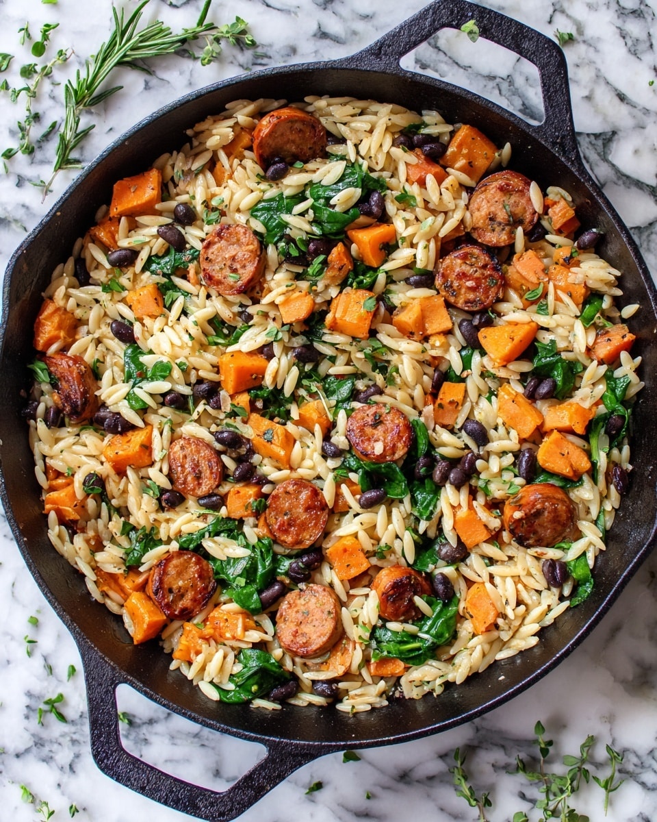 A round black cast iron pan filled with a colorful mix of cooked small rice-shaped pasta in a light ivory color, bright orange cubed sweet potatoes, sliced caramelized sausage pieces with a shiny brown glaze, dark black beans scattered evenly, and fresh green spinach leaves mixed throughout, all garnished with small sprigs of fresh green herbs, placed on a white marbled background. photo taken with an iphone --ar 4:5 --v 7