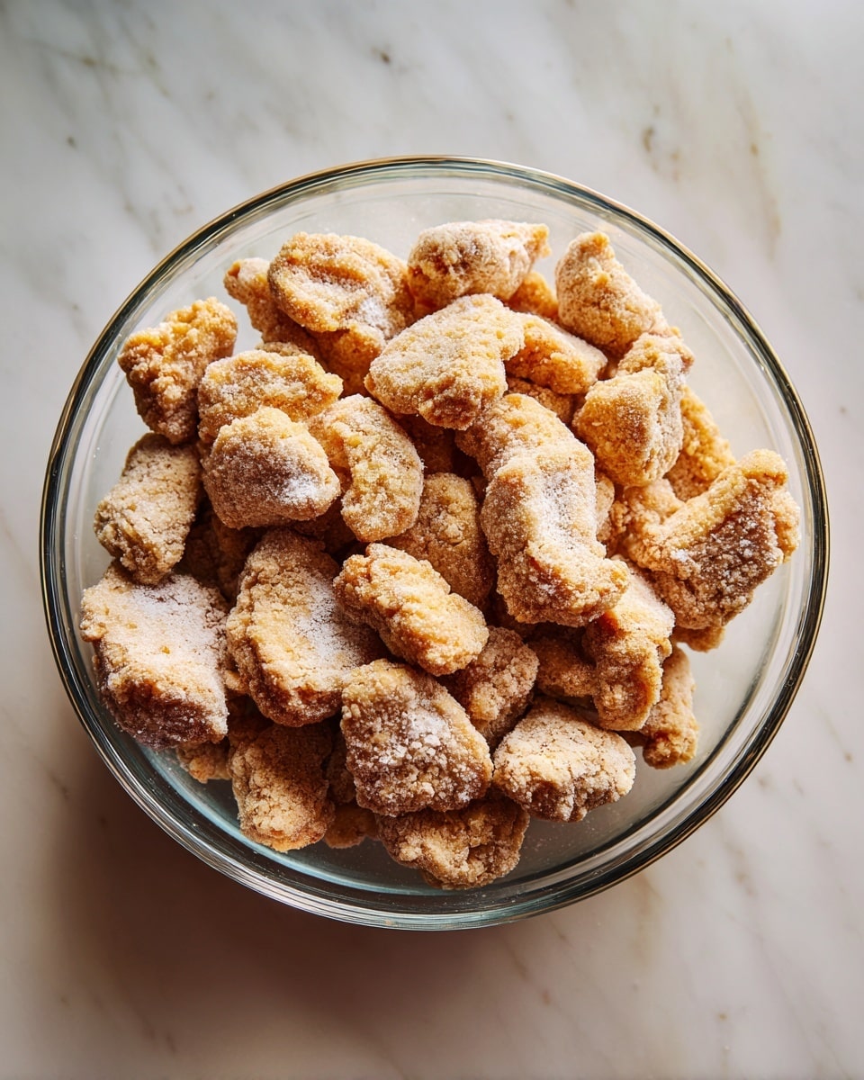 A clear glass bowl filled with about twenty pieces of raw, breaded chicken pieces, each piece uneven in shape with a rough, crumbly texture in light golden brown color, some dusted with flour. The bowl is placed on a white marbled surface that reflects light softly, emphasizing the crunchy coating on the chicken pieces. photo taken with an iphone --ar 4:5 --v 7