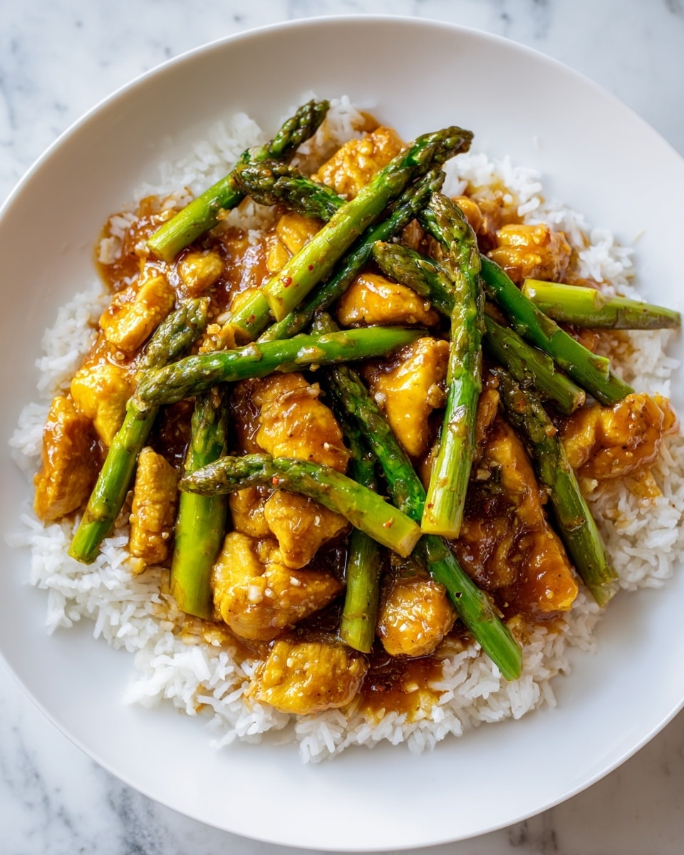 A white plate holds a dish with three clear layers: a base layer of fluffy white rice, a middle layer of golden brown sauce coating chunky pieces of moist, tender yellowish meat, and a top layer of bright green asparagus stalks scattered evenly on top and mixed in. The sauce is thick and shiny, clinging to the textured meat and vegetables, with small bits of seasoning visible. The plate sits on a white marbled surface. photo taken with an iphone --ar 4:5 --v 7