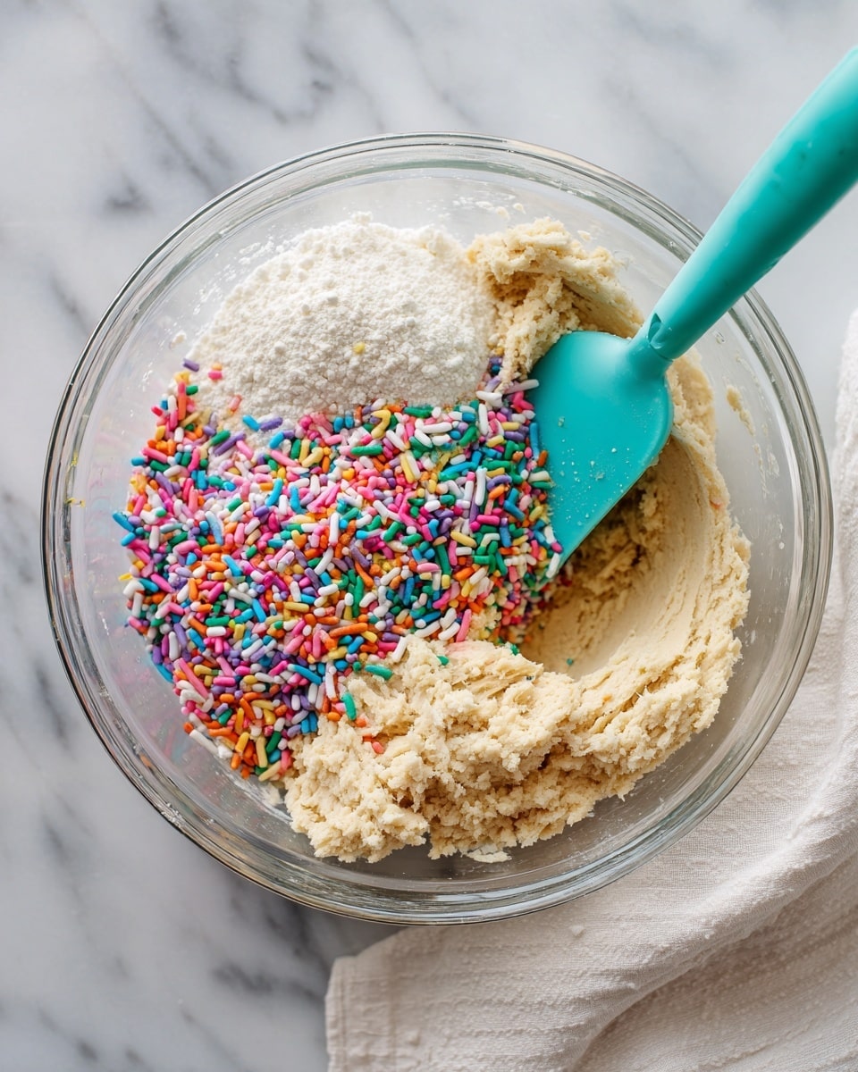 A clear glass bowl sits on a white marbled surface with three visible layers inside it: the bottom layer is a thick light brown dough, the top left layer is a mound of pale white powder, and the bottom left layer is a pile of colorful sprinkles in shades of orange, green, blue, purple, pink, white, and yellow. A teal spatula rests inside the bowl on the right side, partially covered with light brown dough. A white cloth is partly visible at the bottom right edge of the image. photo taken with an iphone --ar 4:5 --v 7