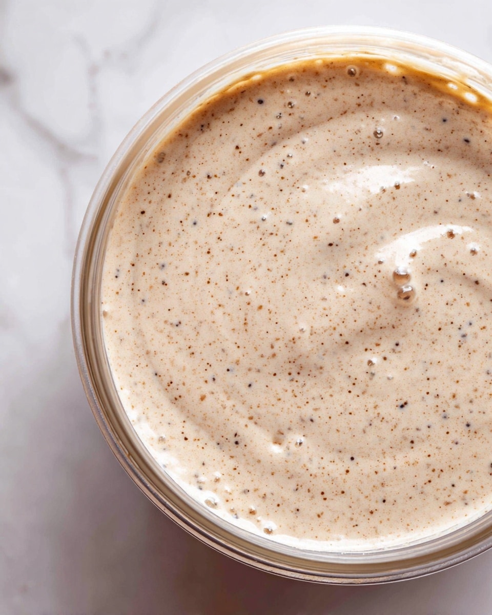The image shows a close-up of a thick, light brown mixture with tiny black specks and small bubbles on the surface, all inside a clear container. The texture looks creamy and slightly frothy, with some bits floating in the blend, almost like a whipped sauce or batter. The container edges are visible, making the mixture the main focus. The whole scene is set on a white marbled texture. photo taken with an iphone --ar 4:5 --v 7