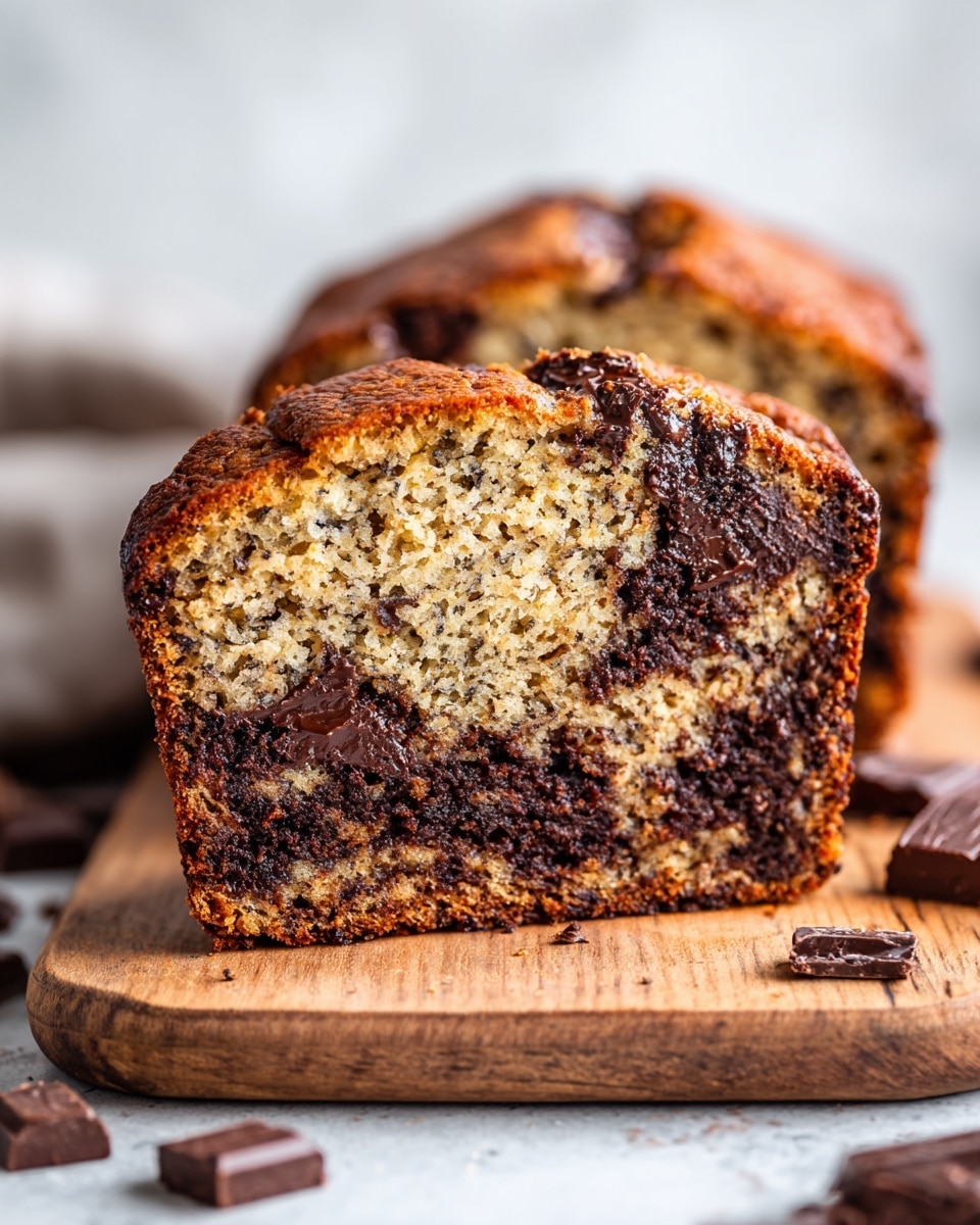 A close-up view of a sliced loaf of banana bread filled with large dark chocolate chunks spread evenly inside. The bread has one thick layer with a golden brown crust on top and a soft, moist light brown inside speckled with darker bits. The slice is placed on a wooden cutting board with some chocolate chunks scattered around it. The background features a soft white marbled texture, giving the scene a clean and bright look. photo taken with an iphone --ar 4:5 --v 7