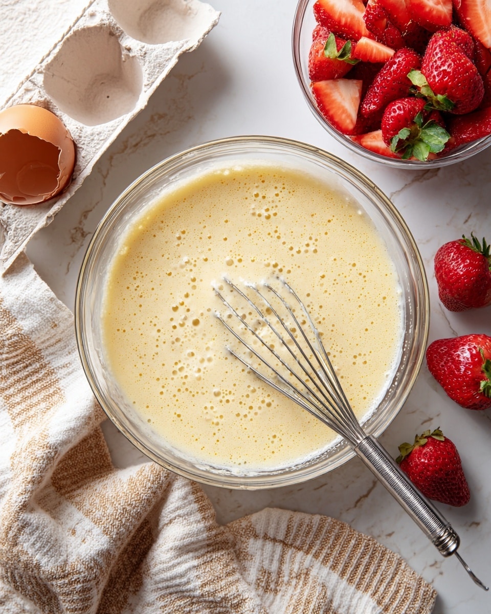 A clear glass bowl is filled with a pale yellow batter mixed with white flour and small bubbles on top, surrounded by bits of white powder and darker vanilla spots. Inside the batter is a metal whisk with a gray handle resting on one side. To the top right of the bowl, a clear bowl contains bright red sliced strawberries with various sizes and textures. To the left, an open white carton holds two brown cracked eggshells, showing the rough broken edges. The whole scene is set on a white marbled textured surface with a beige and white striped cloth draped on the bottom left corner. photo taken with an iphone --ar 4:5 --v 7