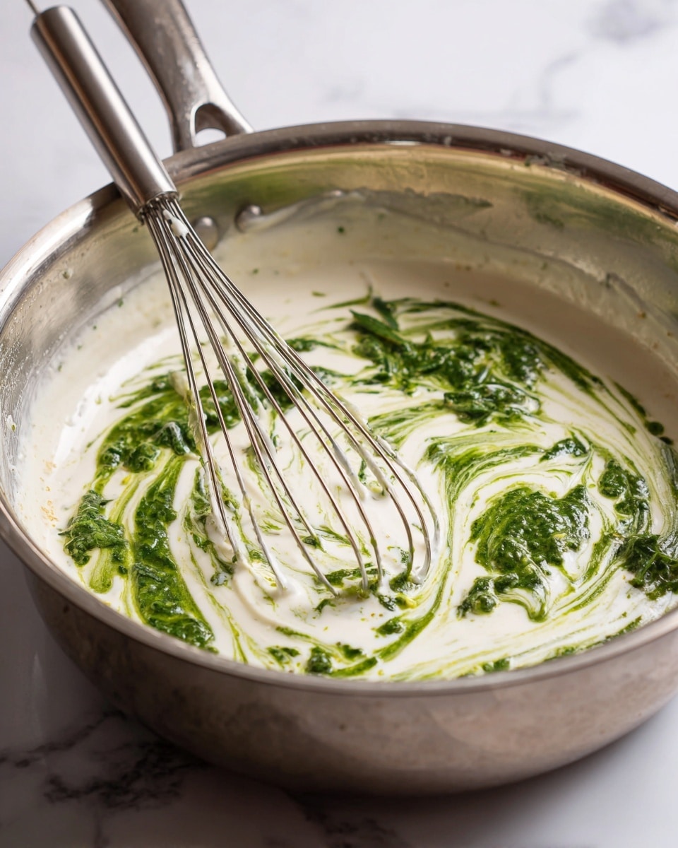 The image shows a close-up of a stainless steel pan with creamy white sauce being mixed with green herbs or pesto, creating a swirled pattern on the surface. A metal whisk is partially submerged, stirring the sauce, which has a smooth and slightly frothy texture around the edges. The pan is placed on a stove, and the background has been imagined as a white marbled texture. photo taken with an iphone --ar 4:5 --v 7