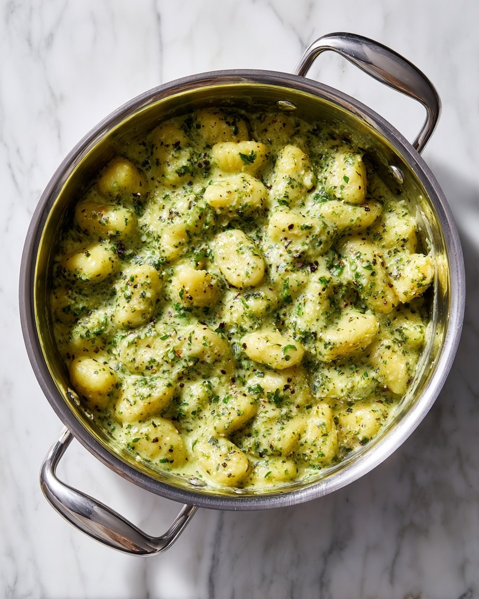 Inside a shiny silver pan with two handles, there is one layer of small, soft gnocchi pieces covered in a thick green sauce speckled with darker green and black herbs. The sauce looks creamy and coats each gnocchi evenly, giving the dish a smooth texture with a slightly lumpy surface due to the gnocchi shapes. The pan sits on a white marbled surface showing clear light reflections on the pan edges. photo taken with an iphone --ar 4:5 --v 7