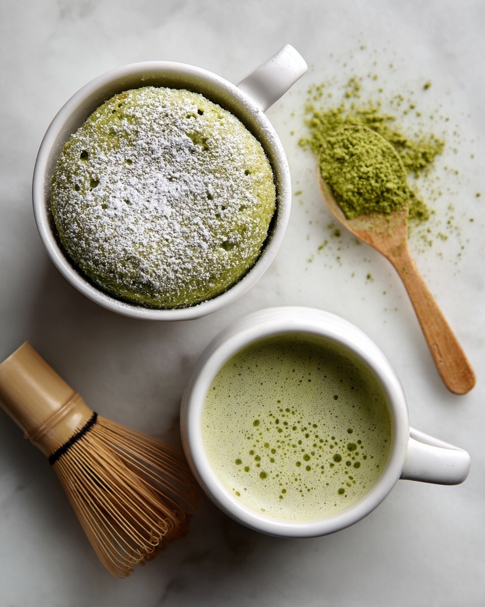 An overhead view of a white cup filled with a thick green matcha cake dusted heavily with white powdered sugar on top, showing a soft and slightly risen texture; next to it, there is a smaller white cup filled with light green frothy matcha tea sprinkled lightly with darker green matcha powder, both cups placed on a white marbled surface. Beside them is a wooden spoon with bright green matcha powder and a bamboo whisk for tea preparation visible in the corner, adding a natural element to the scene. Photo taken with an iphone --ar 4:5 --v 7
