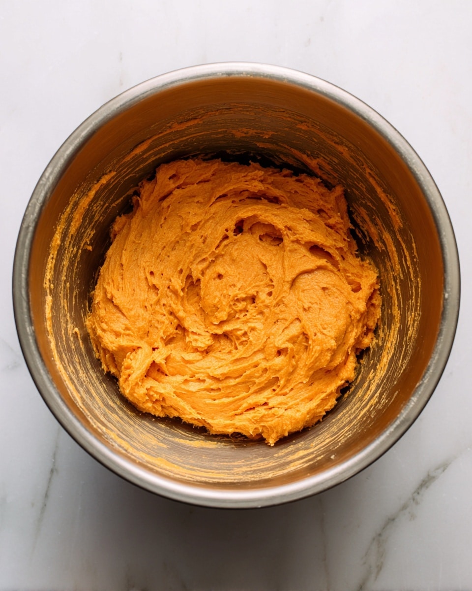Inside a deep, round metal bowl with a smooth shiny surface, there is a single layer of bright orange dough with a soft, smooth, and slightly sticky texture sitting at the bottom center. The dough is thick and unevenly shaped, showing some small air bubbles and a few rough patches on the surface. The inside wall of the bowl has traces of the dough smeared around, adding a bit of texture to the metallic surface. The bowl rests on a flat surface with a white marbled pattern visible around it. Photo taken with an iphone --ar 4:5 --v 7