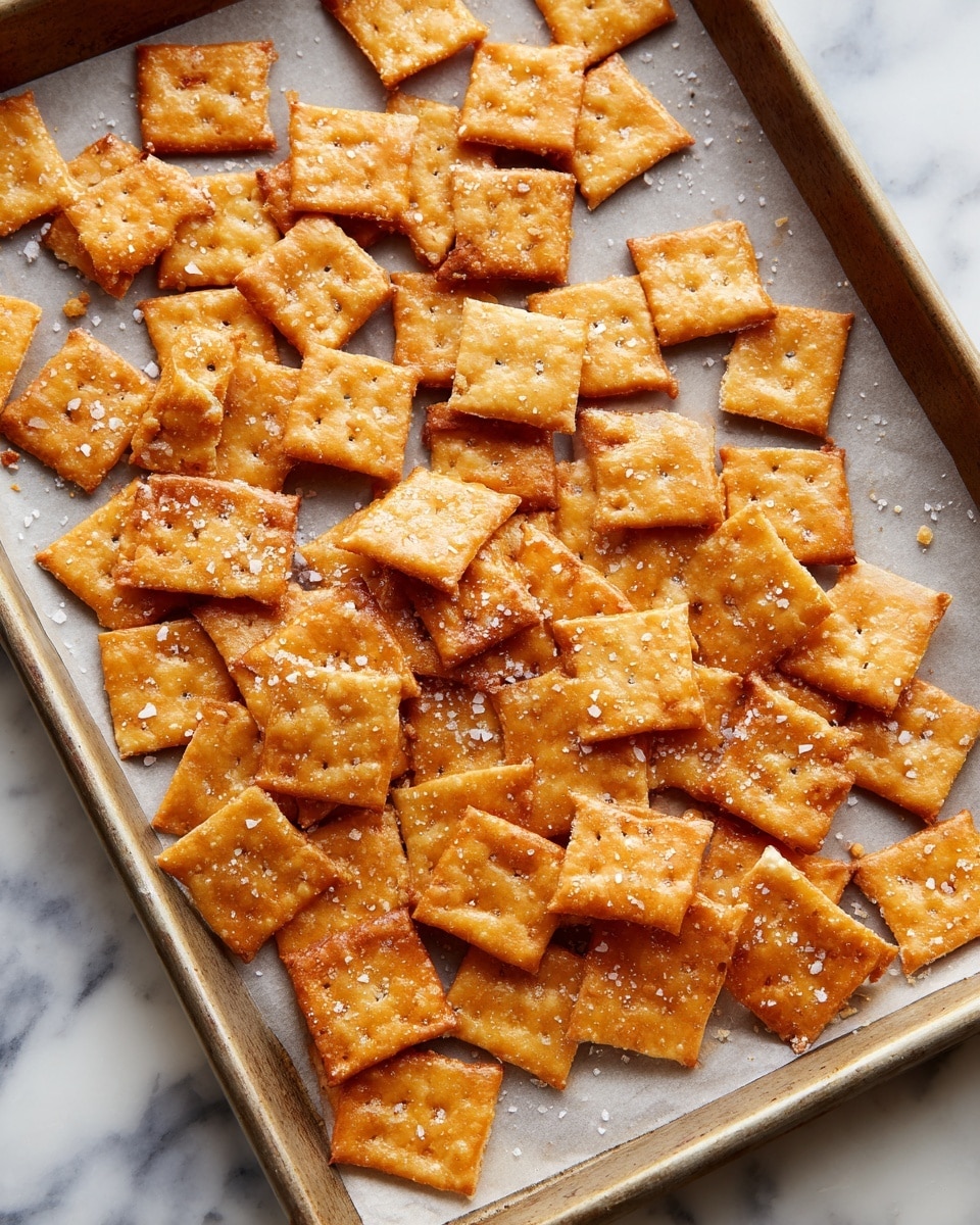 A baking tray covered with parchment paper holds many small square crackers. Each cracker is golden orange with a slightly rough texture. The tops have visible grains of salt scattered over the surface, giving a crunchy look. Some crackers have slightly darker edges, showing they are well baked. The crackers are arranged loosely with some close together and others with small gaps, creating a casual, untidy pattern. The tray is placed on a surface with a white marbled texture. photo taken with an iphone --ar 4:5 --v 7