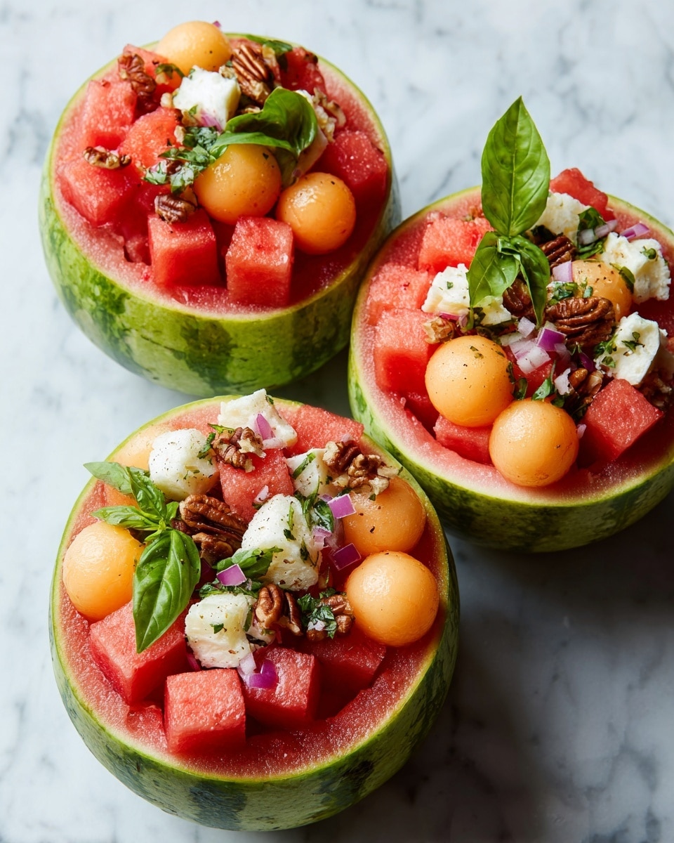 The image shows three watermelon bowls placed closely together on a white marbled surface, each hollowed out with a green rind outer layer and a pinkish-red inner fleshy layer forming the bowl. Inside, there are mixed layers of diced watermelon pieces in bright red, cantaloupe melon balls in orange, small chunks of white cheese, pecans with a shiny brown texture, finely chopped green herbs, and scattered bits of red onion. The mix looks fresh and colorful with a mix of soft, crunchy, and crumbly textures, topped with a few green basil leaves for garnish. Photo taken with an iphone --ar 4:5 --v 7