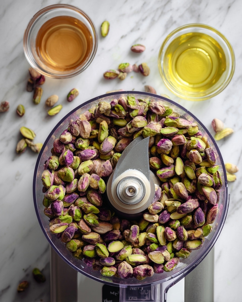 The image shows a clear food processor bowl filled with whole pistachio nuts in shades of green and purple, with the stainless steel blade visible at the center. Next to the food processor on a white marbled surface are two small glass containers, one filled with a light brown liquid and the other with a golden yellow liquid. The setup is top-down, highlighting the textures of the pistachios and liquids. photo taken with an iphone --ar 4:5 --v 7
