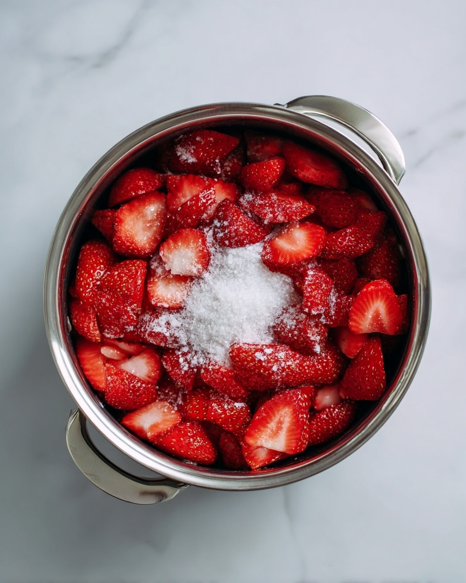 A shiny metal pot filled with many slices of red strawberries, layered all over the inside of the pot. On top of the strawberries, there is a layer of white sugar sprinkled evenly, giving a contrast between the bright red fruit and the white sugar crystals. The pot is placed on a white marbled surface with a clean and simple background. Photo taken with an iphone --ar 4:5 --v 7