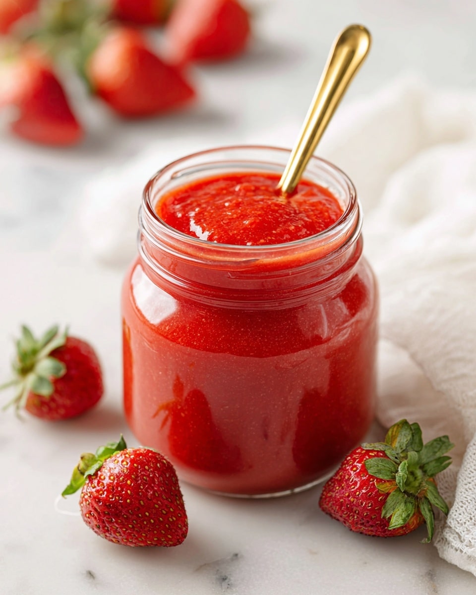 A clear glass jar full of thick, smooth bright red strawberry sauce with tiny bits showing inside. The jar is open with a gold spoon resting inside, and around the base of the jar are whole fresh strawberries showing their red textured skin and green leaves. The jar sits on a white marbled surface with a soft white cloth nearby. The background is softly blurred with hints of more strawberries. photo taken with an iphone --ar 4:5 --v 7