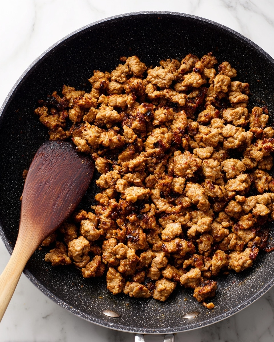 The image shows a black frying pan filled with many pieces of cooked ground meat that are brown and crispy on the edges. The meat pieces are uneven in size and scattered across the pan's textured surface. A wooden spatula with a dark brown color is resting on the left side inside the pan. The background has a white marbled texture. photo taken with an iphone --ar 4:5 --v 7
