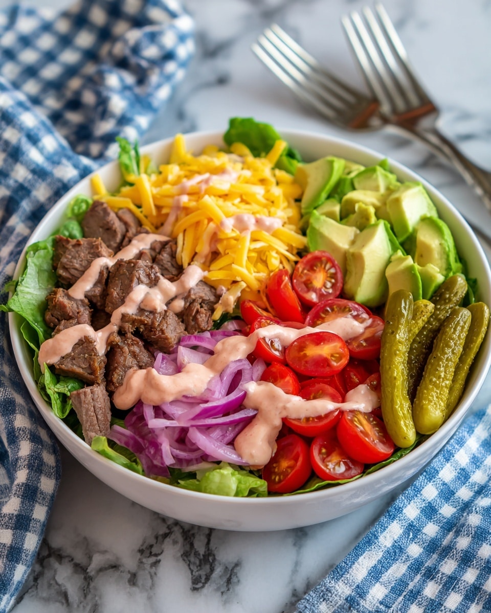 A white bowl holds a colorful layered salad. At the bottom is a bed of green leafy lettuce. On one side, there are dark browned pieces of cooked meat with a light pink sauce drizzled on top. Next to the meat, a pile of shredded yellow cheese is also topped with the same light pink sauce. Bright red halved cherry tomatoes are placed near the cheese. To the side, chunks of green avocado add a fresh touch. Pickled red onions add a curly, vibrant purple layer, and green pickles with ridged edges are at the front. The bowl sits on a white marbled surface with a blue and white checkered cloth beside it, and a fork placed to the right. Photo taken with an iphone --ar 4:5 --v 7