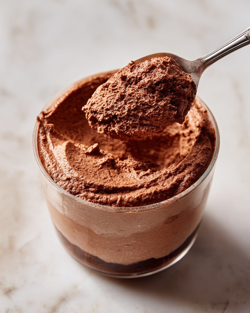 A clear plastic measuring cup filled with thick, creamy chocolate mousse that has a rich brown color and a slightly airy, textured surface. A silver spoon scoops a rounded portion of the mousse near the top, with smooth chocolate residue around the inside edges of the cup. The cup is placed on a white marbled surface with soft natural light falling on it, casting gentle shadows. photo taken with an iphone --ar 4:5 --v 7