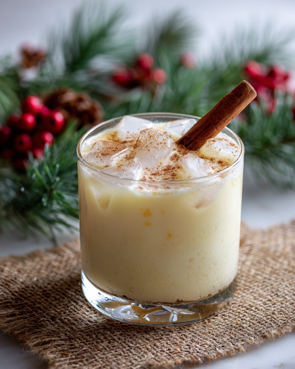 A clear glass holds a creamy pale yellow drink filled with several translucent ice cubes visible mainly near the top. The surface of the drink is sprinkled with light brown powder, and a single cinnamon stick is placed diagonally inside the glass, resting on the ice. The glass sits on a rough burlap fabric with blurred green pine branches and red berries in the background, all set against a white marbled texture. photo taken with an iphone --ar 4:5 --v 7