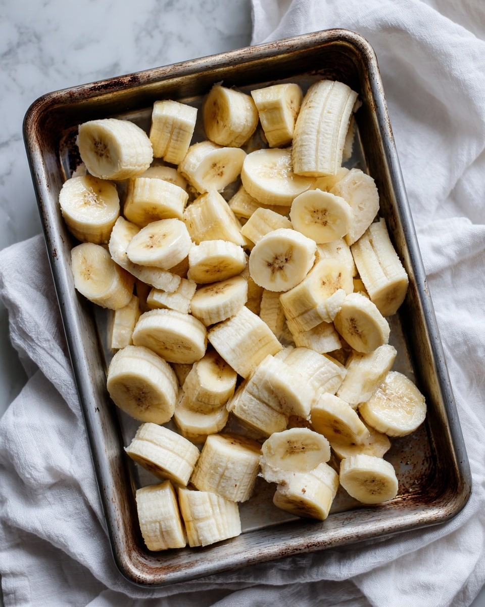 The image shows a metal baking tray filled with many pieces of peeled bananas, each cut into thick segments about two to three inches long. The bananas are pale yellow with some light brown spots on the surfaces. The tray has a slightly worn look with dark marks and edges, giving it a rustic feel. The tray sits on a white marbled fabric that softly covers the background and edges around it. The lighting is soft and natural, highlighting the texture of the bananas and the tray evenly. photo taken with an iphone --ar 4:5 --v 7