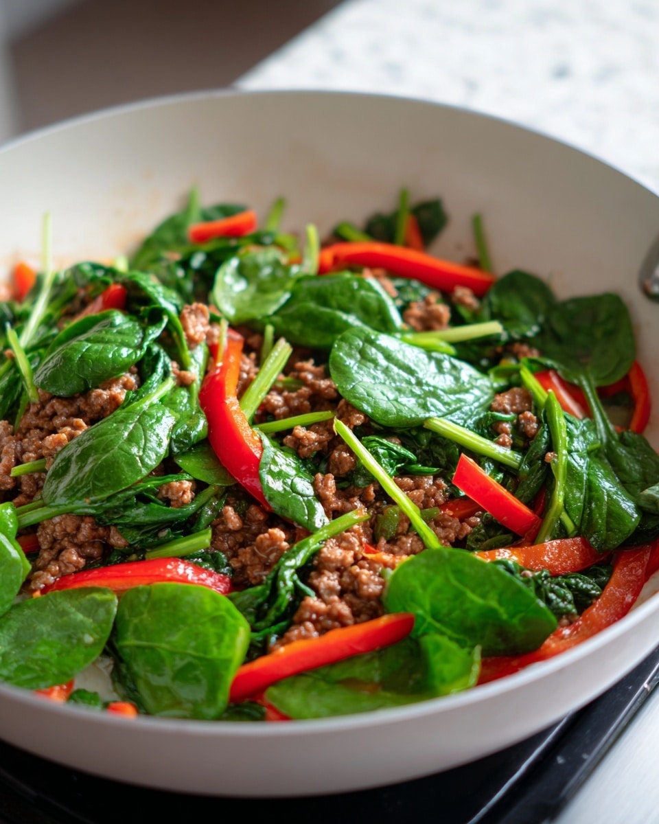 The dish shows a shallow white frying pan filled with three main layers: the bottom layer is a glossy, brown cooked ground meat with a slightly oily texture; scattered on top are fresh, bright green spinach leaves with a shiny surface; mixed among the spinach are thin, long strips and some small pieces of bright red bell pepper, adding a crisp look. The cooking pan is placed on a stovetop, and the white marbled texture of the countertop is partly visible in the background. photo taken with an iphone --ar 4:5 --v 7