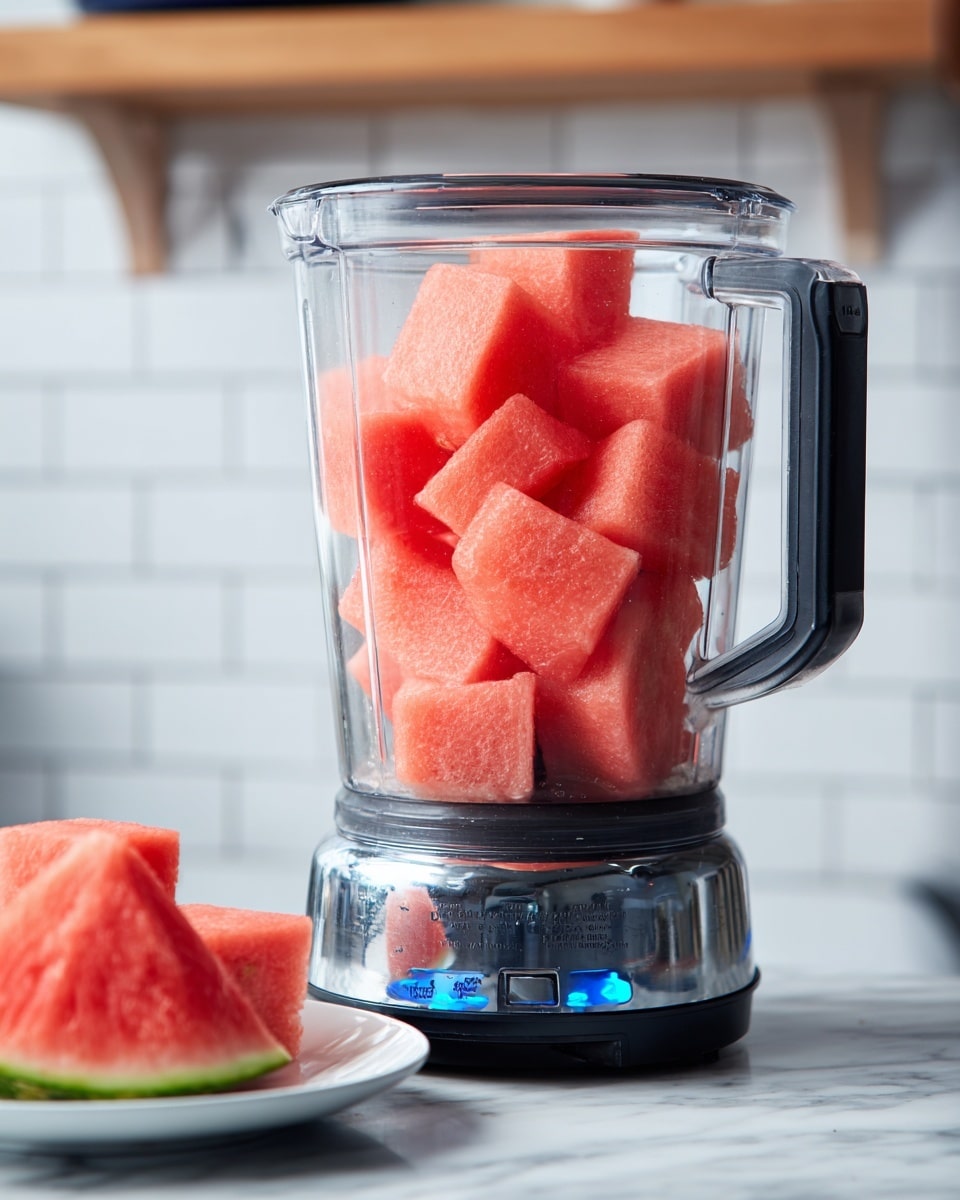 A clear blender jar filled with large, bright red chunks of watermelon. The watermelon pieces show a smooth, juicy texture, stacked unevenly inside the jar, which has a black handle on the right side. The blender base below is black with silver and blue details, illuminated with a blue light in the center. In the bottom left corner, a white plate holds a fresh slice of watermelon with deep red flesh and green rind. All this is set against a white marbled texture countertop and a white tiled backsplash with wooden trim at the top. Photo taken with an iphone --ar 4:5 --v 7