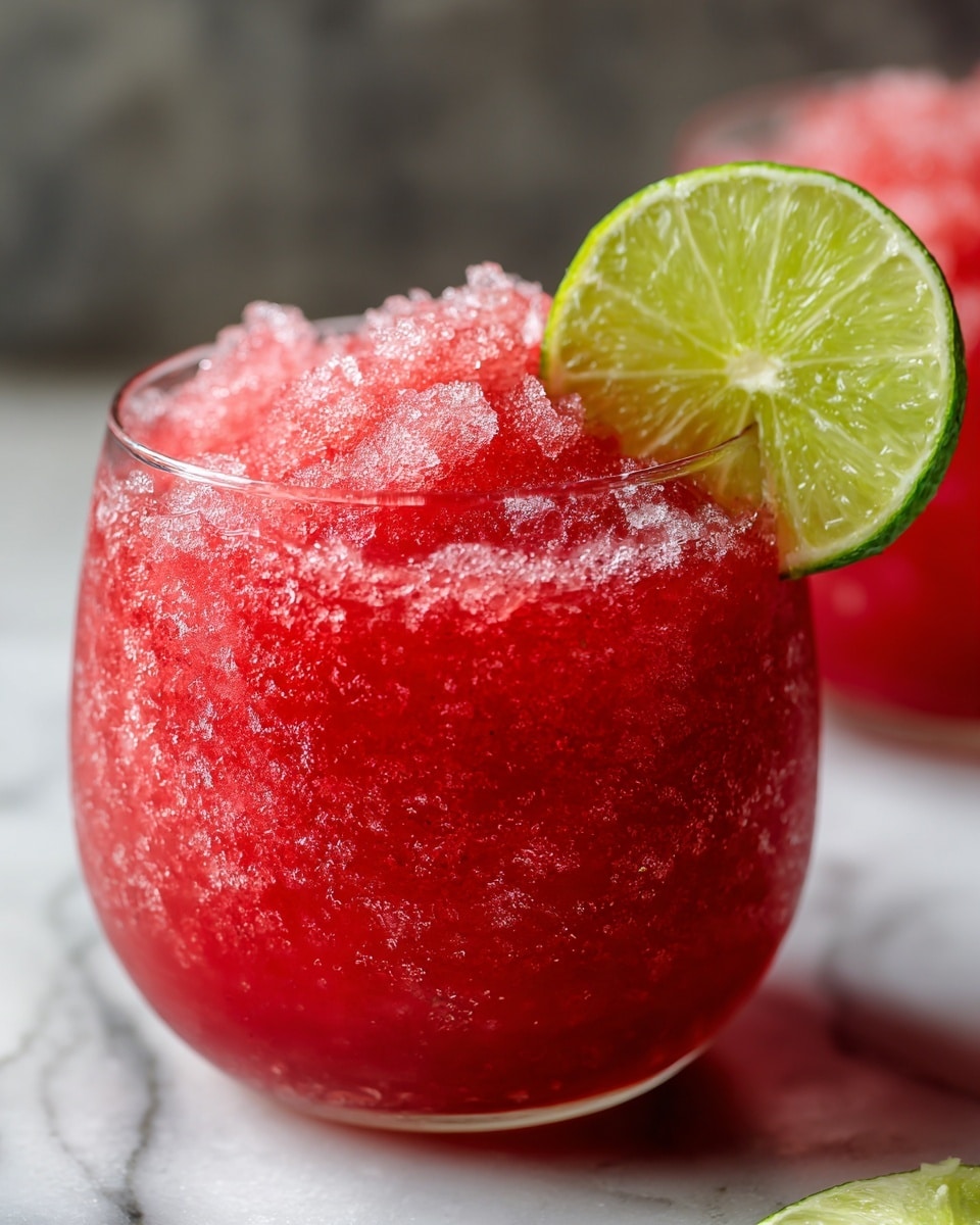 A close-up of a round glass filled with bright red, icy slushy drink, showing a thick layer of crushed ice with a rough texture on the top and inside the glass. A fresh green lime slice is placed on the rim of the glass, adding a fresh green-yellow contrast to the red drink. The glass sits on a white marbled surface, with a dark blurred background making the colors stand out. Photo taken with an iphone --ar 4:5 --v 7