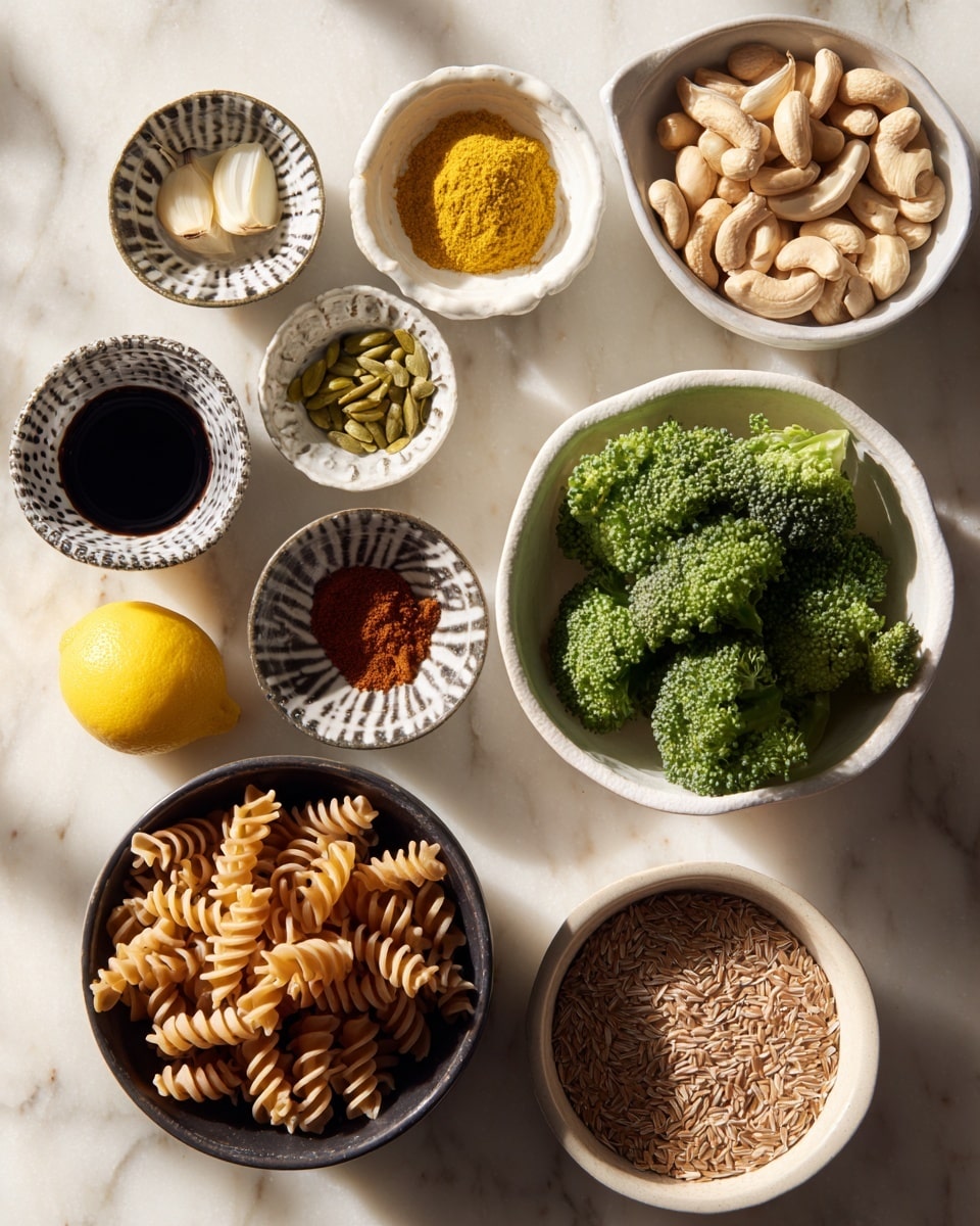 The image shows a top view of multiple small bowls and plates arranged on a white marbled surface. On the lower left side, there is a dark bowl filled with spiral pasta colored light brown. To the right, a white bowl contains fresh green broccoli florets. Above the pasta, there are small white, black, and patterned bowls holding various ingredients: a bright yellow powder, green capers, a mustard-yellow creamy paste, dark soy sauce, golden oil, garlic cloves in a brown oval dish, and an orange-red powdered spice. On the upper right side, a larger white bowl is filled with soaked light beige cashews. Near the bottom right, there is a white bowl with cooked small brown grains. A whole yellow lemon is placed near the center of the arrangement. The image has soft natural lighting, and all items are neatly organized. photo taken with an iphone --ar 4:5 --v 7