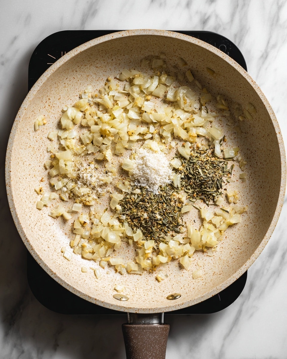 A top view of a beige speckled pan on a white marbled surface, showing sautéed small chopped onions spread around the pan edges with three small piles of minced garlic, dried herbs, and white salt mixed together in the middle. The pan has a dark handle, and it is sitting on a black induction stove. Photo taken with an iphone --ar 4:5 --v 7