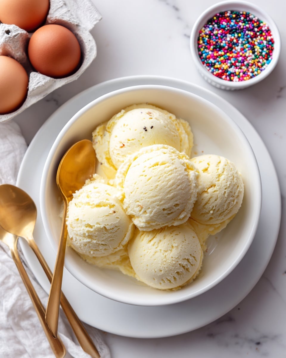 A white bowl filled with five scoops of pale yellow ice cream sits in the center on a white plate, both placed on a white marbled surface. Two golden spoons rest together inside the bowl, positioned on the left side. At the top left corner, two brown eggs are partially visible in a white egg holder. At the top right corner, a small white bowl is filled with colorful round sprinkles in shades of red, blue, green, yellow, purple, orange, black, and white. The scene is bright and clean, with a fresh and simple look. photo taken with an iphone --ar 4:5 --v 7