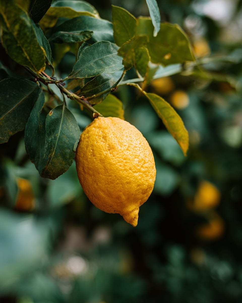 The image shows one bright yellow lemon hanging from a green lemon tree. The lemon has a bumpy texture and a rounded shape with a small tip at the bottom. Around the lemon, there are many green leaves in different shades, some of which are closer and a bit blurry, giving a soft, natural look. The background is full of green leaf shapes that blend smoothly, creating a calm and fresh atmosphere. The whole scene looks natural and vibrant, with the lemon standing out as the main focus. Photo taken with an iphone --ar 4:5 --v 7