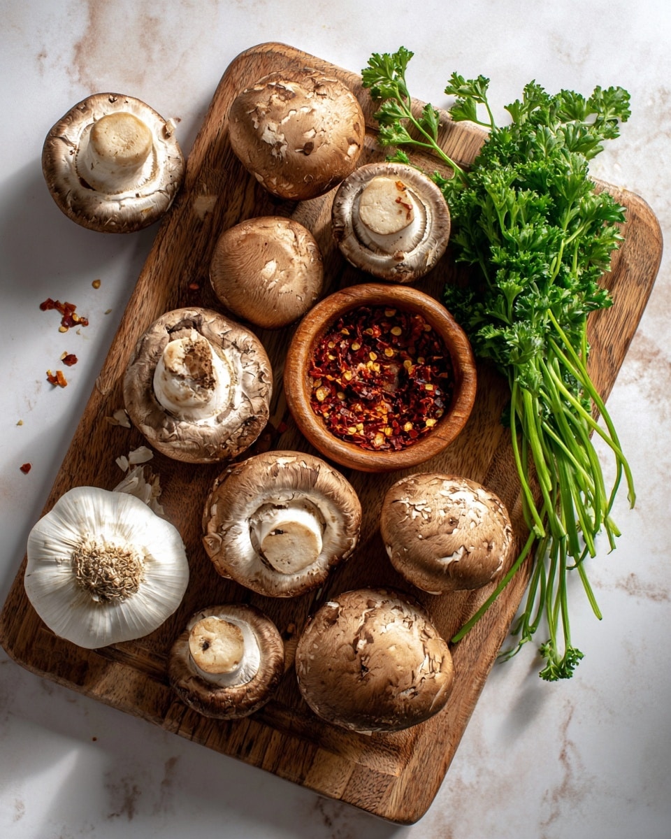 A wooden cutting board placed on a white marbled surface holds various fresh ingredients. There are eleven brown mushrooms of different sizes scattered across the top and middle parts of the board. On the bottom left, there is a whole white garlic bulb, and beside it, a small wooden bowl filled with red chili flakes. To the right of the bowl, a bunch of bright green parsley lies flat, with stems pointing towards the bottom edge of the board. The lighting is bright and even, highlighting the textures of the mushrooms, garlic, chili flakes, and parsley. Photo taken with an iphone --ar 4:5 --v 7