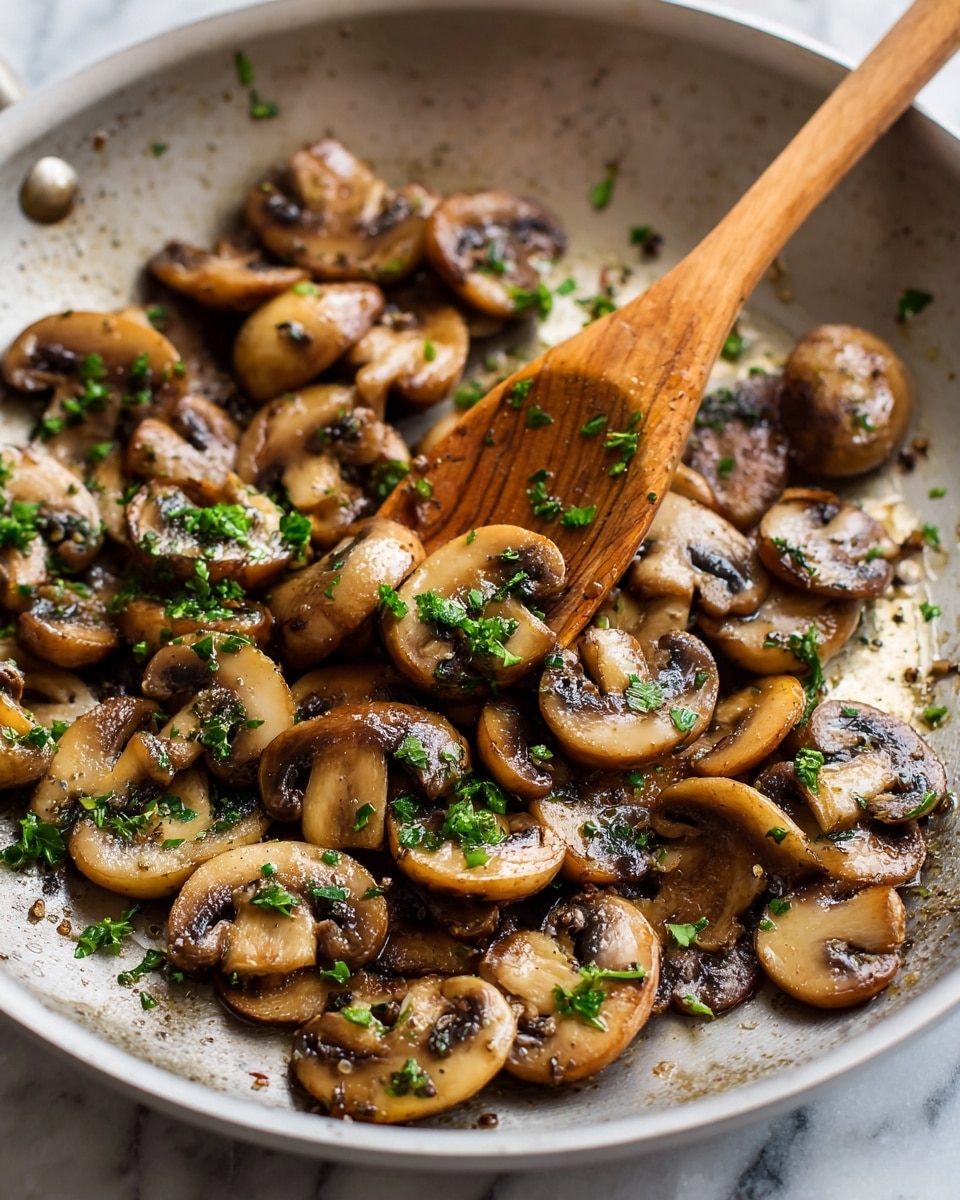 The image shows a close-up of a frying pan filled with cooked sliced mushrooms. The mushrooms are browned and soft, glossy with oil, and mixed with small pieces of chopped green herbs scattered on top and throughout. A wooden spoon rests in the pan, partly on the mushrooms, with light spots of herbs on it. The background and edges around the pan show a white marbled surface. photo taken with an iphone --ar 4:5 --v 7