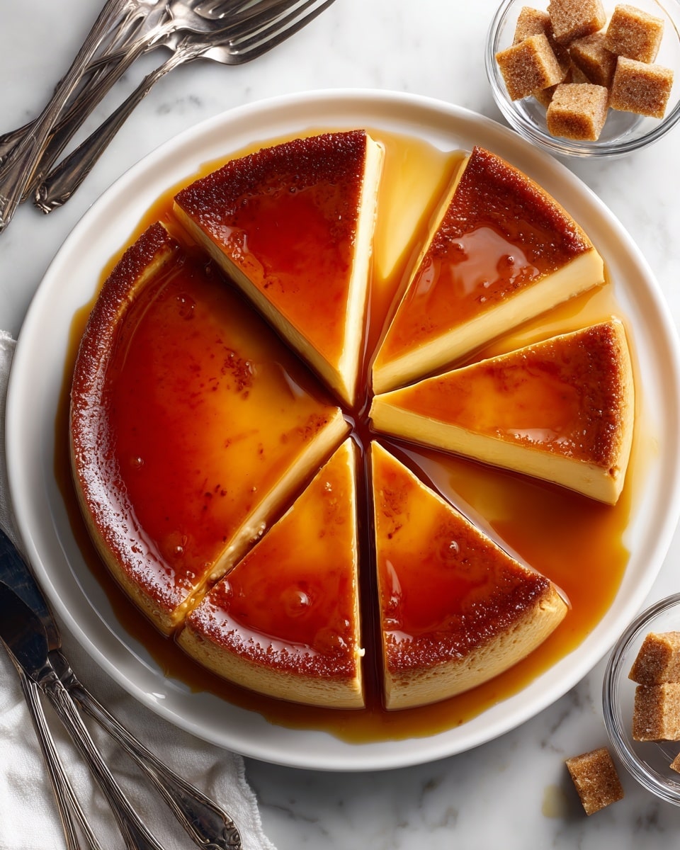 A round white dish holds a flan dessert with five slices cut, arranged inside the dish. The flan has two layers: a smooth, creamy light yellow base with a thick, shiny caramel brown top layer that slightly pools around the edges. The caramel top layer has a glassy texture with slight ripples and color variations from light to dark amber. The dish is set on a white marbled surface with three silver forks on the left and a glass cup with brown sugar cubes on the upper right side. The lighting highlights the flan's glossy caramel top, making it look rich and inviting. Photo taken with an iphone --ar 4:5 --v 7