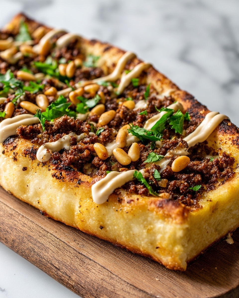 Three small triangular flatbreads are placed on a wooden board over a white marbled surface. Each flatbread has a thick, golden-brown crust around the edges. On top, there is a layer of browned minced meat spread evenly. Scattered over the meat are a few toasted pine nuts and chopped fresh green herbs. Light drizzle of creamy white sauce adds a shiny texture across the flatbreads, making the toppings look rich and tasty. Photo taken with an iphone --ar 4:5 --v 7