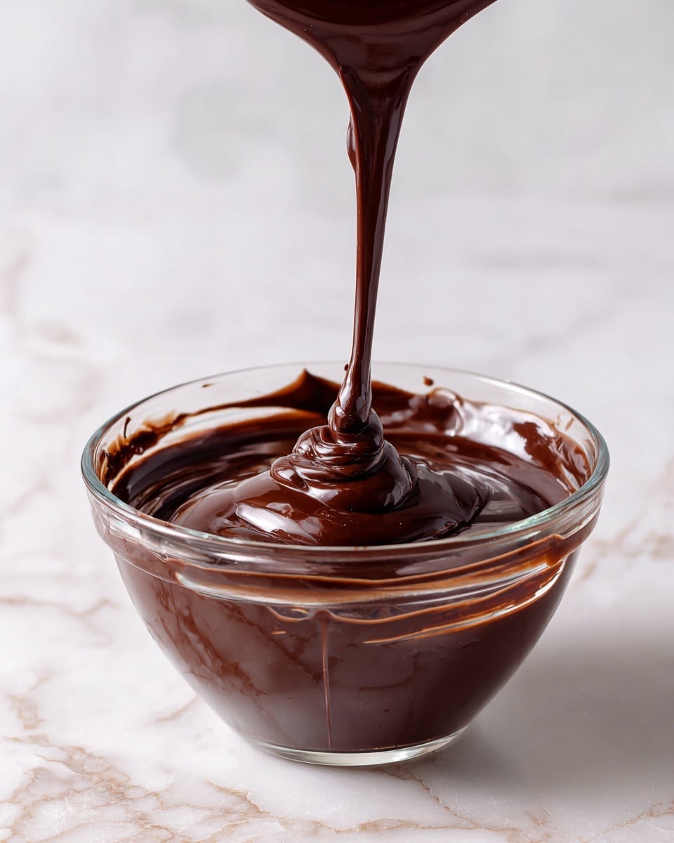 A clear glass bowl filled with thick, dark brown liquid chocolate that is smooth and shiny. The chocolate is being poured into the bowl from above, creating a continuous thin stream that splashes gently on the surface, making small ripples. The inside sides of the bowl are coated with streaks of chocolate, showing a rich texture. The bowl sits on a white marbled surface, adding a clean and bright background to highlight the dark chocolate. photo taken with an iphone --ar 4:5 --v 7