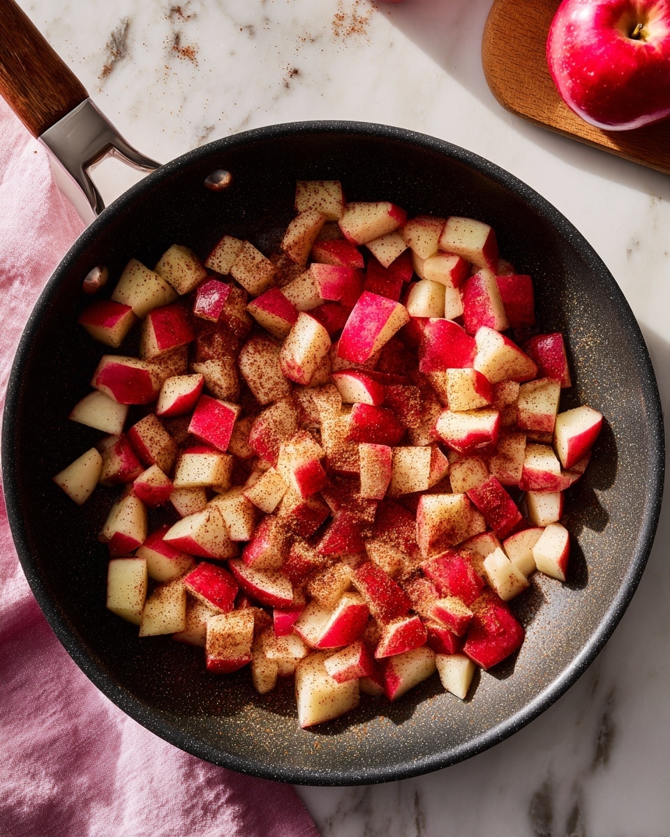 A black non-stick pan filled with many pieces of chopped apple in red and white tones evenly spread in one layer. The apple pieces are sprinkled with a light brown powder, likely cinnamon, giving a warm color contrast. The pan is placed on a white marbled surface with a faint pink and white cloth near the pan handle, and a blurred red apple on a small wooden board is visible in the top right corner. The lighting is bright and natural, highlighting the fresh and juicy texture of the apple cubes photo taken with an iphone --ar 4:5 --v 7