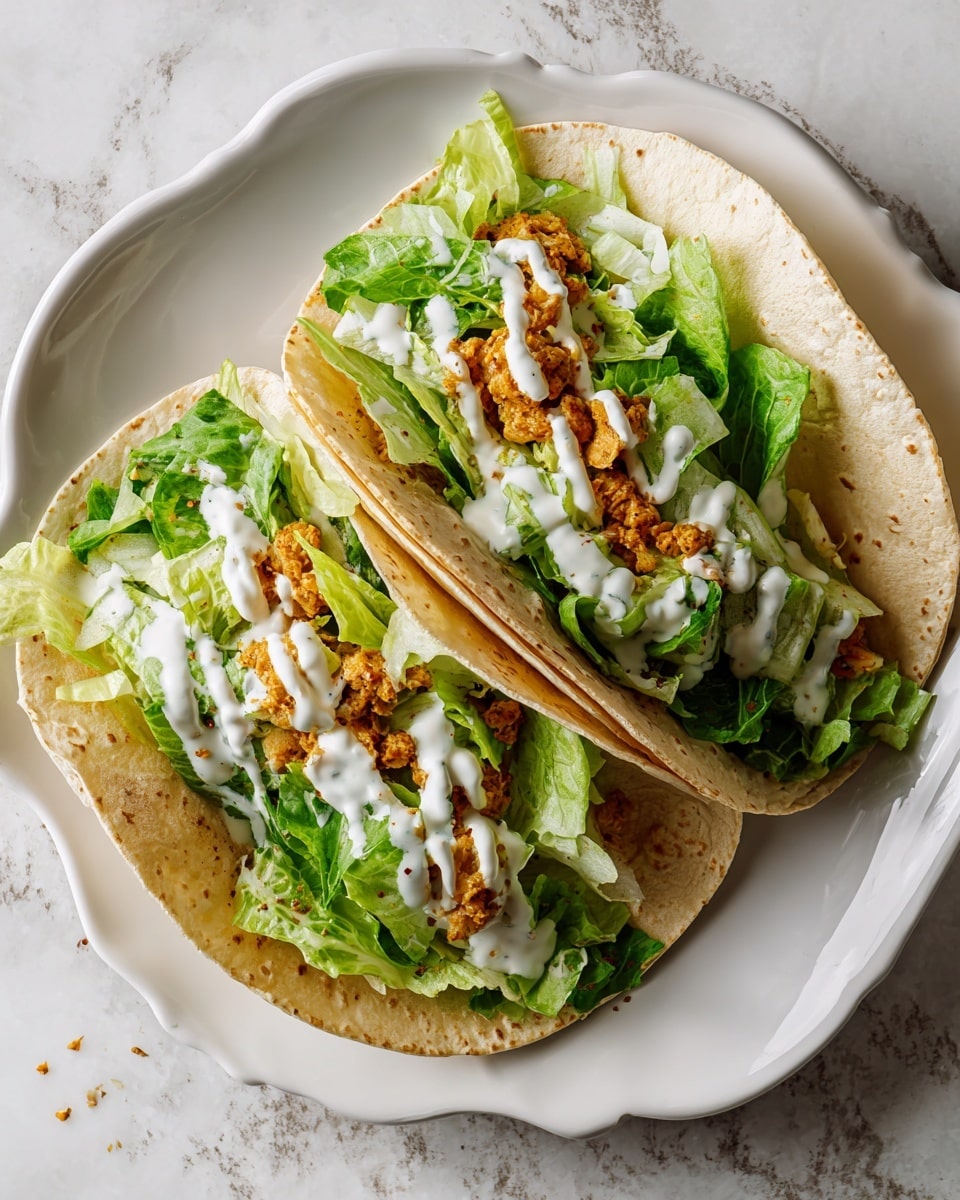 Two soft tortillas lie on a white plate with wavy edges, each folded gently to hold layers of fresh, bright green lettuce filling most of the inside. On top of the lettuce, there is a layer of finely crumbled, golden brown pieces. A light drizzle of white creamy sauce spreads unevenly over the top, adding a smooth texture. The plate rests on a white marbled surface with some scattered crumbs around it. The overall look is fresh and inviting, with a mix of green, brown, and white colors that stand out clearly. photo taken with an iphone --ar 4:5 --v 7