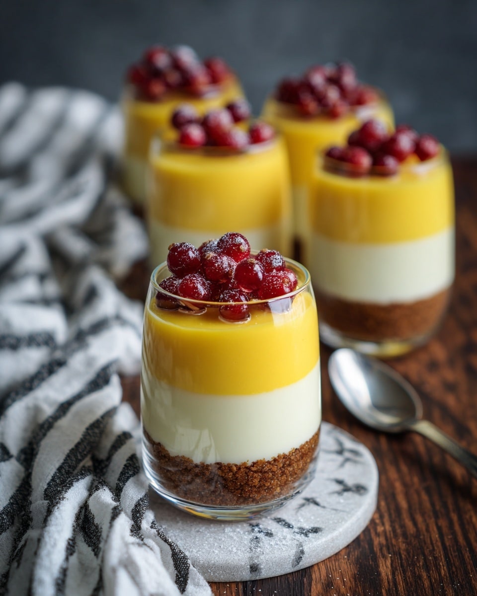 Four clear glasses each hold two layers: a smooth, bright yellow layer at the bottom topped with a glossy red layer, finished with whole and slightly crushed red raspberries sitting on top. The glasses are placed on a dark wooden surface with a white and gray striped cloth in the background. A small portion of a white bowl with extra raspberries is visible on the side. The light highlights the shiny texture of the layers and the juicy raspberries clearly, photo taken with an iphone --ar 4:5 --v 7
