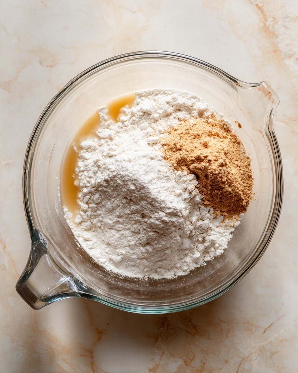A clear glass mixing bowl sits on a white marbled surface, filled with a few layers of ingredients: a white powder filling most of the bowl, a smaller pile of light brown powder on top in one area, and some liquid pooling near the brown powder. The bowl's handle is visible on the left side. The scene is lit well, showing textures of powders and liquid clearly. photo taken with an iphone --ar 4:5 --v 7
