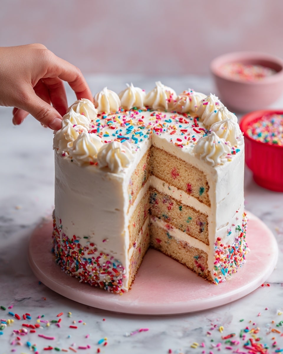 A tall two-layer cake is covered in smooth white frosting with colorful sprinkles on top and around the base. The inside shows a funfetti cake with small red, blue, and green bits baked into the light tan cake layers. Between the cake layers is a thin white frosting layer. The top edge has a ring of white frosting swirls decorated with more sprinkles. A woman's hand is gently touching the top of the cake where a slice has been taken out. The cake sits on a soft pink round board, with colorful sprinkles scattered on a white marbled textured surface around it. In the background, there is a red container with additional sprinkles. Photo taken with an iphone --ar 4:5 --v 7