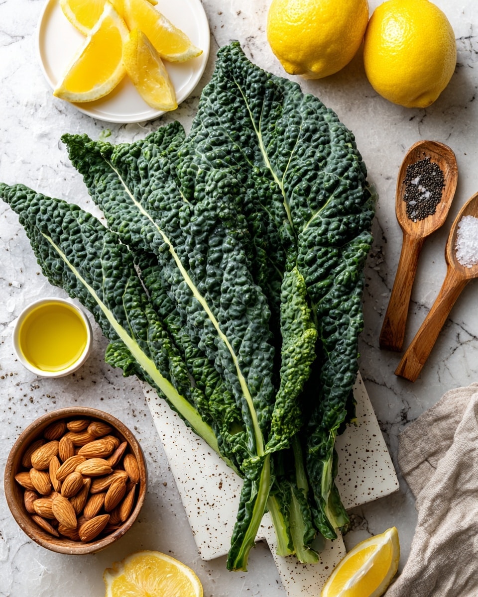A large bunch of fresh green kale with textured leaves sits on a white speckled cutting board placed on a white marbled surface. To the upper left is a small white plate holding four bright yellow lemon wedges, with an additional lemon wedge resting directly on the marbled surface nearby. On the right side, two wooden spoons hold coarse black pepper and white salt. In the bottom left corner, a brown bowl contains sliced almonds. A small white bowl with a yellow rim, filled with golden olive oil, is nearby. Photo taken with an iphone --ar 4:5 --v 7