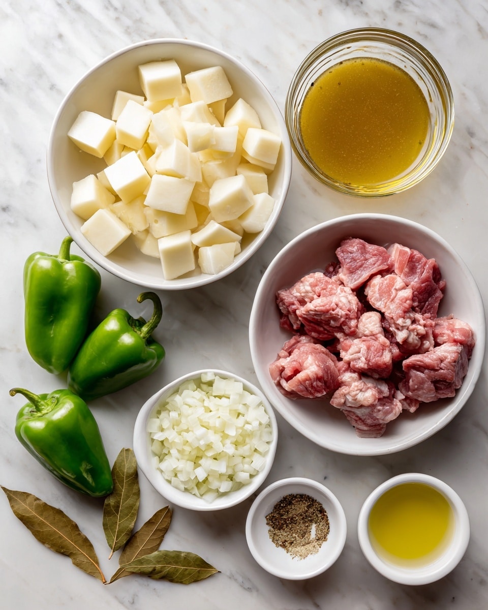 The image shows a flat lay of cooking ingredients on a white marbled surface, including three white bowls: one with pale yellow cubed potatoes, another with pink raw chunks of meat, and a third with finely chopped white onions. Nearby, there is a large clear glass bowl filled with golden broth. Around the bowls are fresh green peppers, two small white dishes—one with minced garlic and the other with a mix of ground spices—and a small white bowl of olive oil. A couple of dried bay leaves lay near the ingredients. The composition is bright and clean, with a focus on fresh and raw elements, photo taken with an iphone --ar 4:5 --v 7