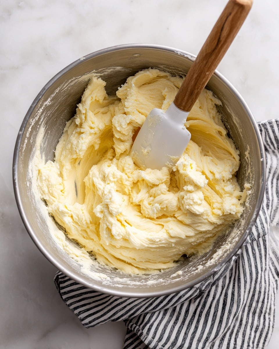 A shiny silver mixing bowl filled with creamy, pale yellow dough with a soft, slightly crumbly texture. A white spatula with a wooden handle is resting inside the bowl, partially covered with the dough. The bowl is placed on a white marbled textured surface, with a folded black and white striped cloth nearby. The overall scene looks clean and simple, focusing on the thick dough in the bowl photo taken with an iphone --ar 4:5 --v 7