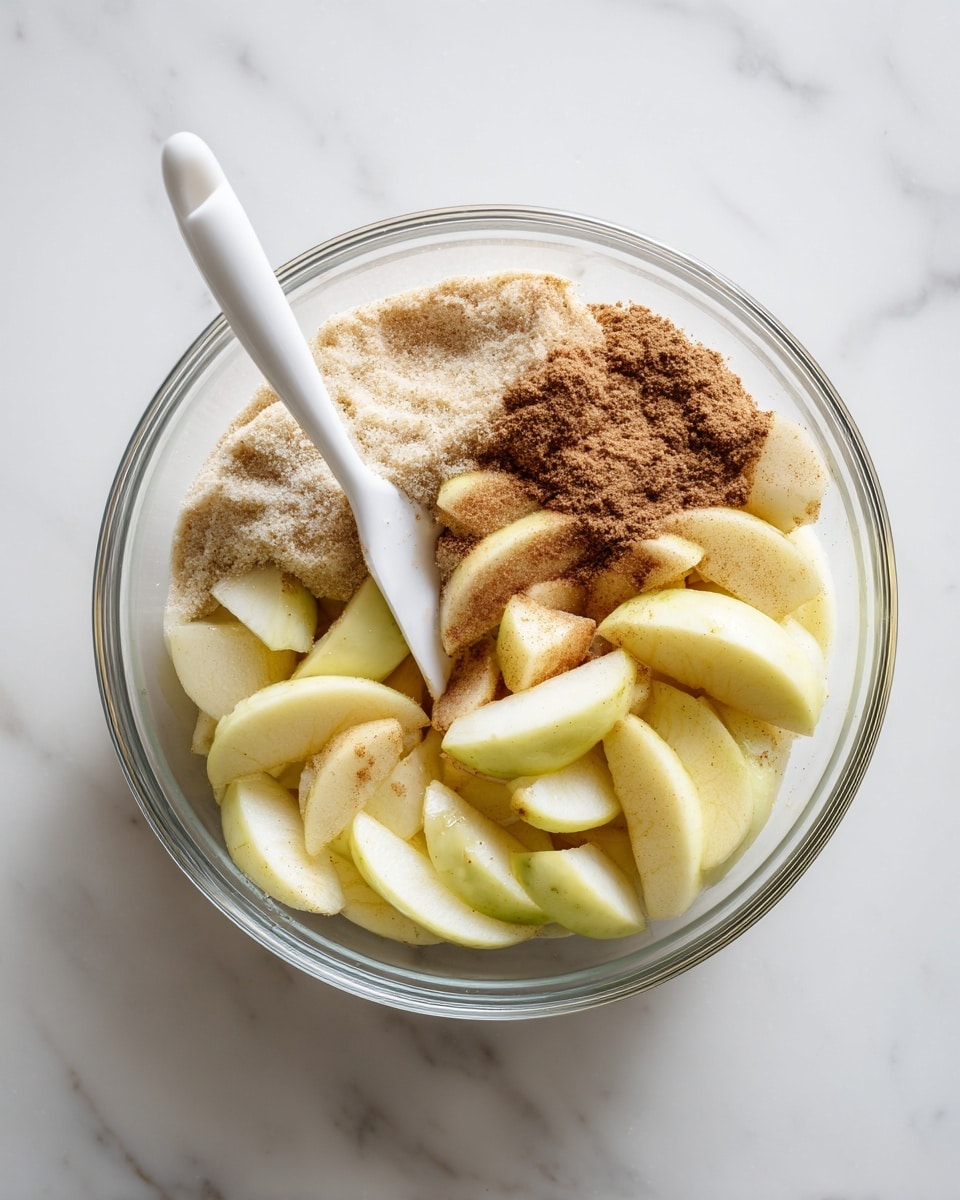 A clear glass bowl holds three layers inside: the bottom layer is pale yellow sliced apples, the middle layer is more sliced apples, and the top layer is a mix of light brown cinnamon powder and light beige sugar sprinkled unevenly over the apples. A white spatula rests inside the bowl, standing upright on the left side. The bowl sits on a white marbled surface. photo taken with an iphone --ar 4:5 --v 7